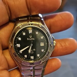 Bulova Black Dial Silver Watch with Crystal Accents
